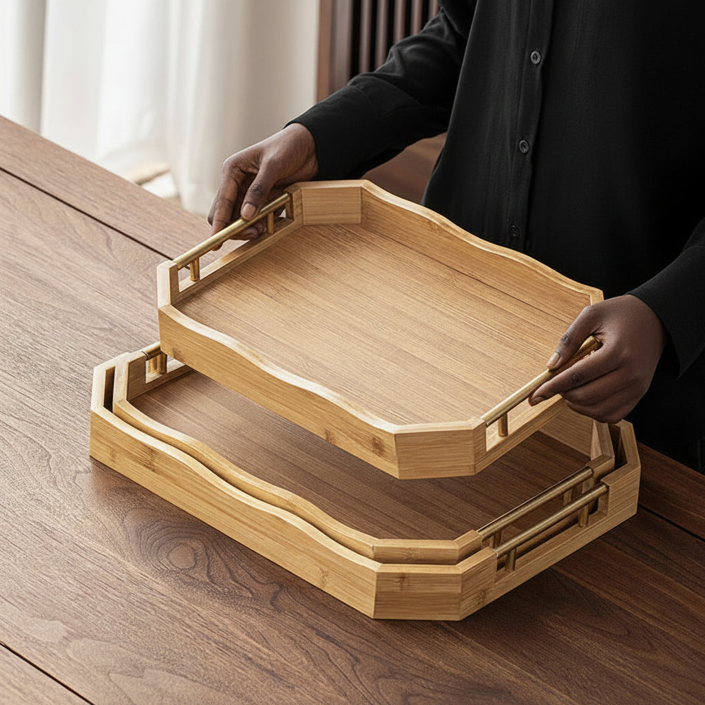 Modern Bamboo Rectangular Serving Trays with Gold Handles - 3-Piece Set