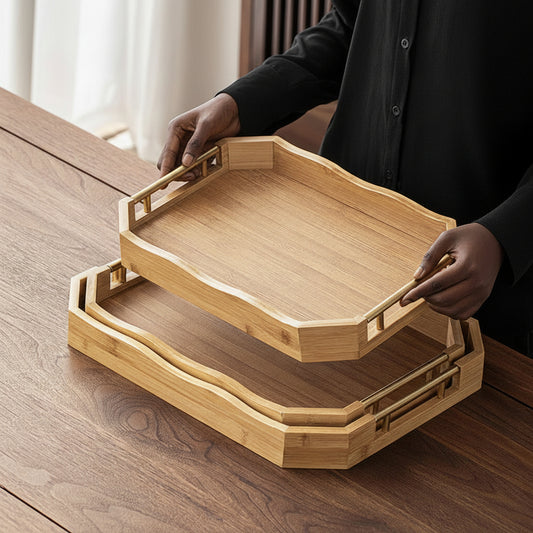 Modern Bamboo Rectangular Serving Trays with Gold Handles - 3-Piece Set