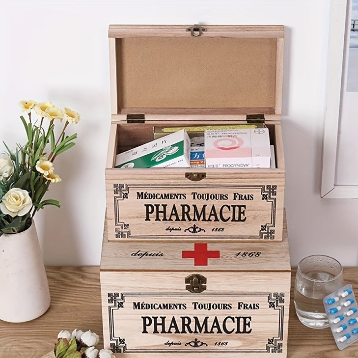 Vintage Wooden First Aid Box Large Capacity Retro Medicine Storage Chest