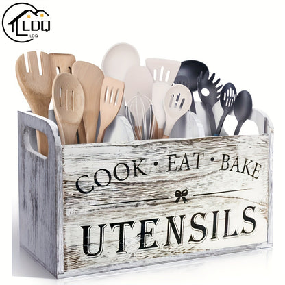 Rustic Wooden Kitchen Storage Box with Divided Compartments and Handle