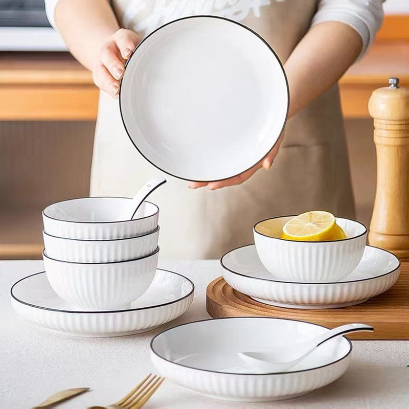 Japanese Nordic Ceramic Bowls & Plates - Elegant Vertical Stripe Design