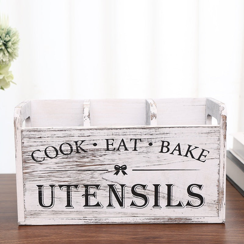Rustic Wooden Kitchen Storage Box with Divided Compartments and Handle