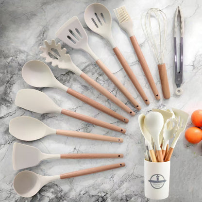 Premium Silicone 12-Piece Kitchen Utensil Set with Wooden Handles - Non-Stick, Heat-Proof
