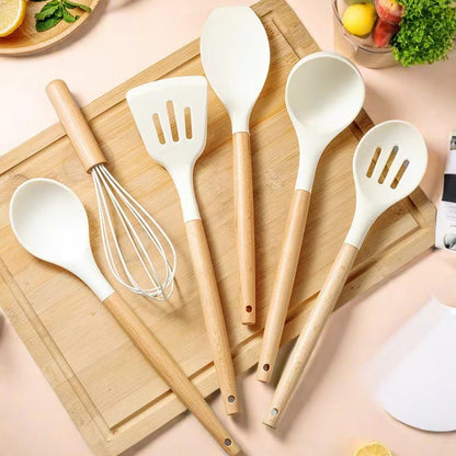 Premium Silicone 12-Piece Kitchen Utensil Set with Wooden Handles - Non-Stick, Heat-Proof