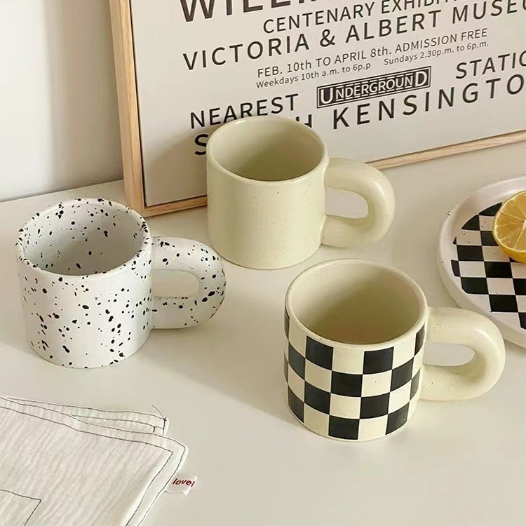 Artistic Korean Ceramic Latte Mug: Unique Sesame Glaze Ink Dot Design