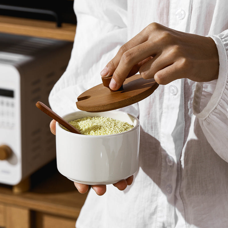 Elegant Retro Ceramic Seasoning Jars Set with Wooden Spoon for Kitchen