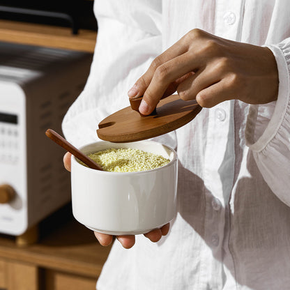 Elegant Retro Ceramic Seasoning Jars Set with Wooden Spoon for Kitchen