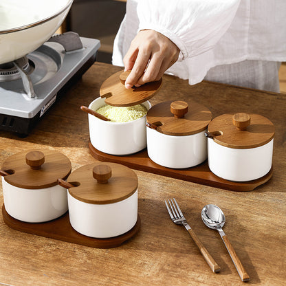 Elegant Retro Ceramic Seasoning Jars Set with Wooden Spoon for Kitchen