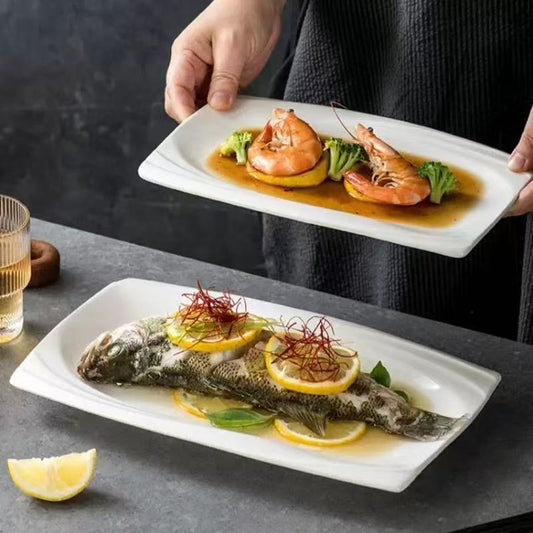 Nordic Pure White Porcelain Rectangular Serving Plates - Microwave Safe