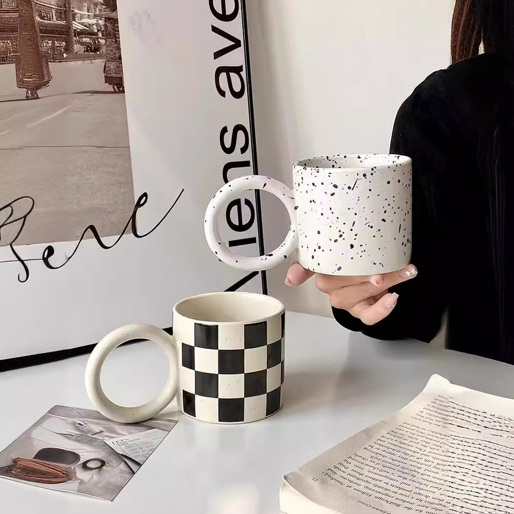 INS Style Matte Splash Ink Ceramic Mug - Big Ear Chessboard Checkered Coffee Cup