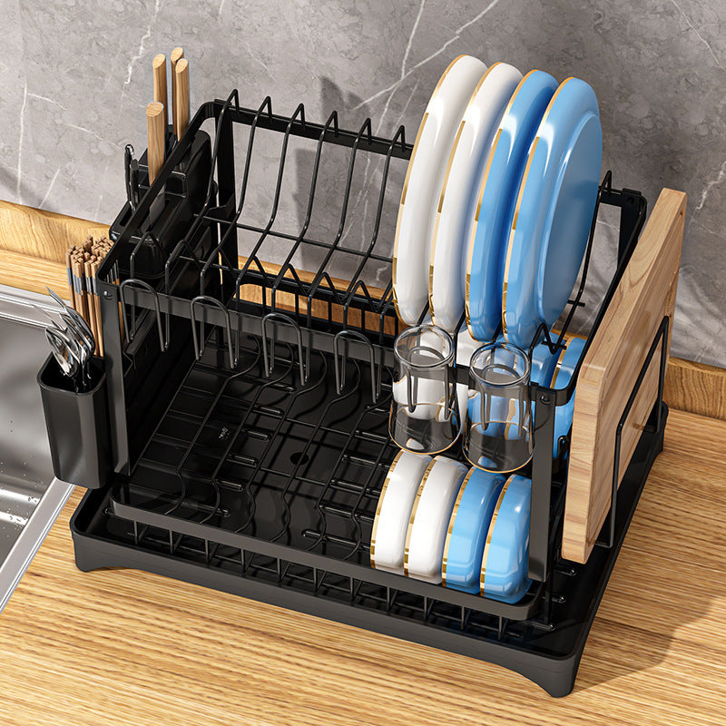 Double-Layer Carbon Steel Kitchen Dish Drying Rack & Organizer with Cup Holder