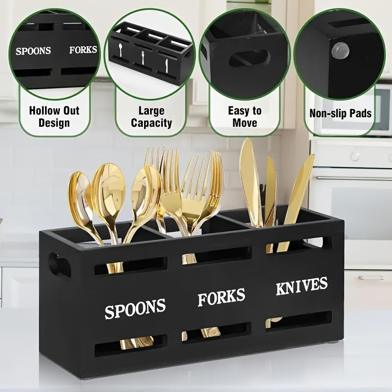 Modern Wooden Rectangular Divided Storage Box for Kitchen Cutlery & Tableware Organizer