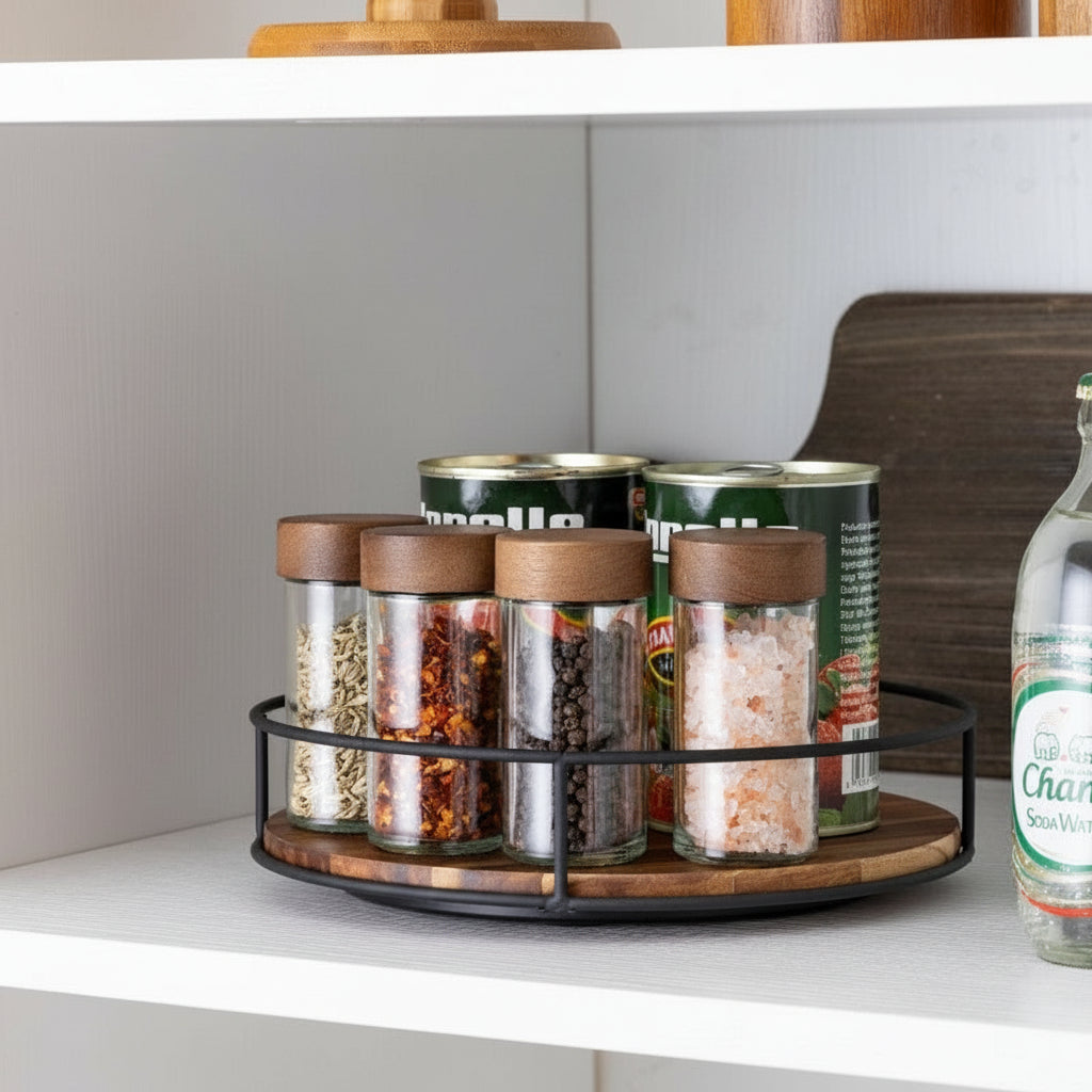 Stylish Rotating Acacia Wood Turntable Organizer for Kitchen Spices & Cosmetics
