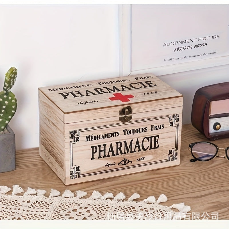 Vintage Wooden First Aid Box Large Capacity Retro Medicine Storage Chest