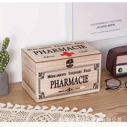 Vintage Wooden First Aid Box Large Capacity Retro Medicine Storage Chest