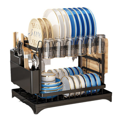 Double-Layer Carbon Steel Kitchen Dish Drying Rack & Organizer with Cup Holder