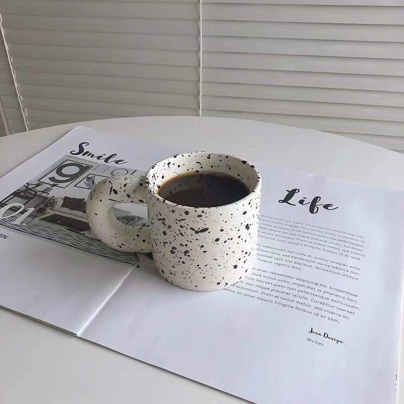 Artistic Korean Ceramic Latte Mug: Unique Sesame Glaze Ink Dot Design
