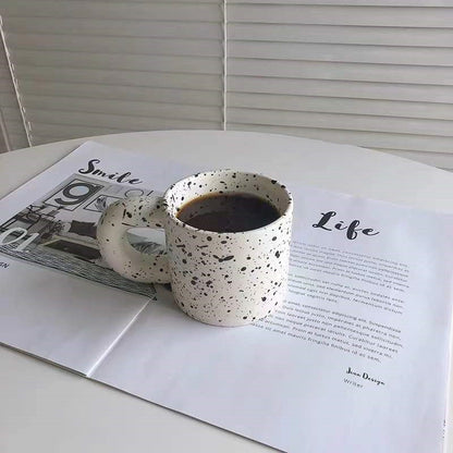 Artistic Korean Ceramic Latte Mug: Unique Sesame Glaze Ink Dot Design