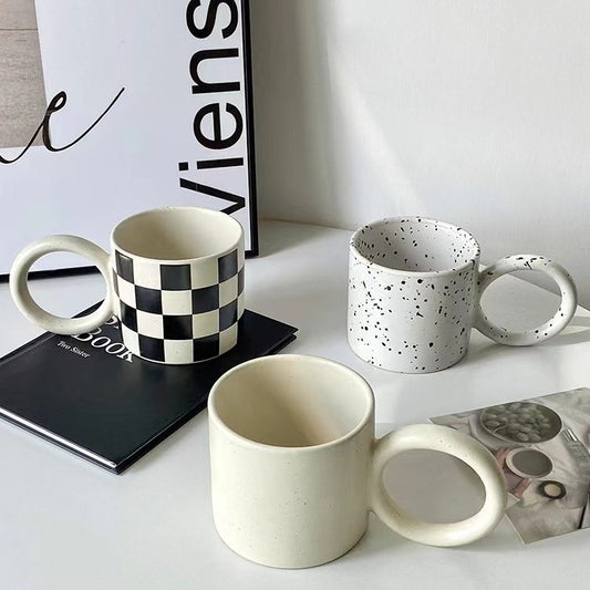 INS Style Matte Splash Ink Ceramic Mug - Big Ear Chessboard Checkered Coffee Cup
