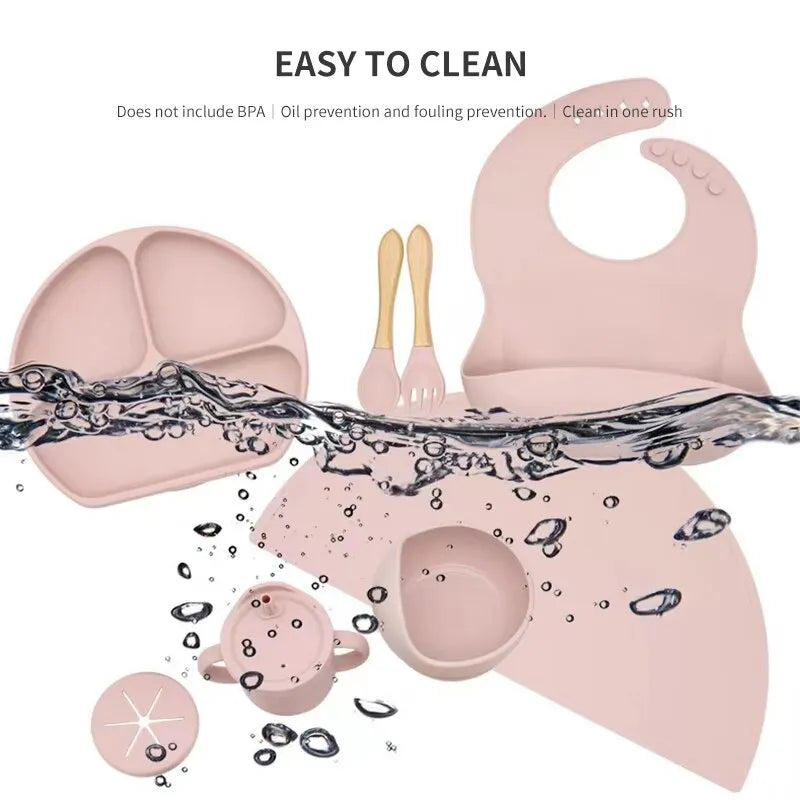 Complete Silicone Self-Feeding Baby Meal Set - Plate, Bowl, Cup, Bib & Cutlery