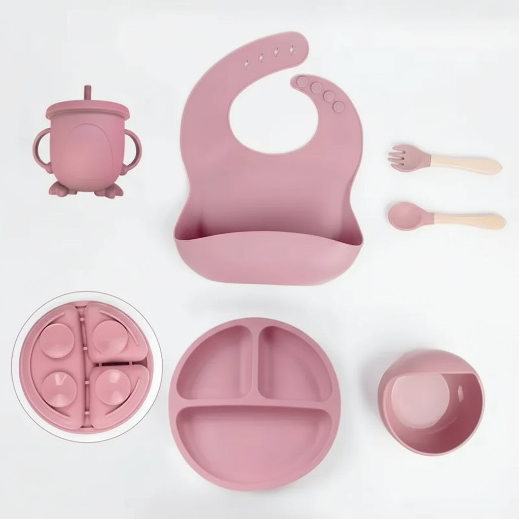 Complete Silicone Self-Feeding Baby Meal Set - Plate, Bowl, Cup, Bib & Cutlery