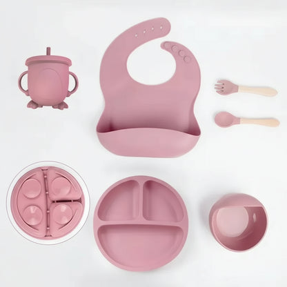 Complete Silicone Self-Feeding Baby Meal Set - Plate, Bowl, Cup, Bib & Cutlery