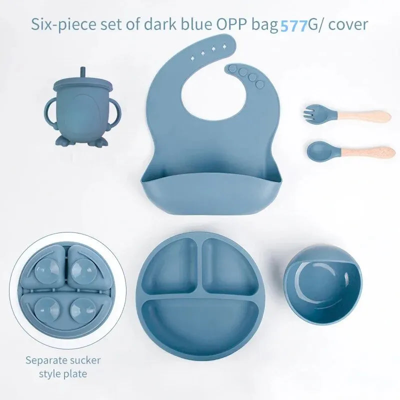 Complete Silicone Self-Feeding Baby Meal Set - Plate, Bowl, Cup, Bib & Cutlery
