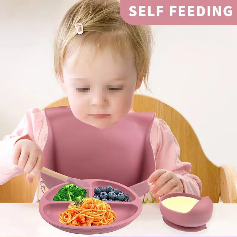 Complete Silicone Self-Feeding Baby Meal Set - Plate, Bowl, Cup, Bib & Cutlery